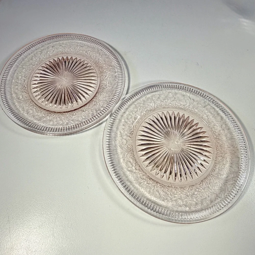 VTG U.S. Glass Strawberry Pink Depression Glass Bread & Butter Plates Set of 6